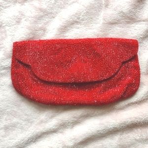 Vintage Red Beaded Clutch WALBORG Designer Handmade in Belgium Fancy Formal Bag